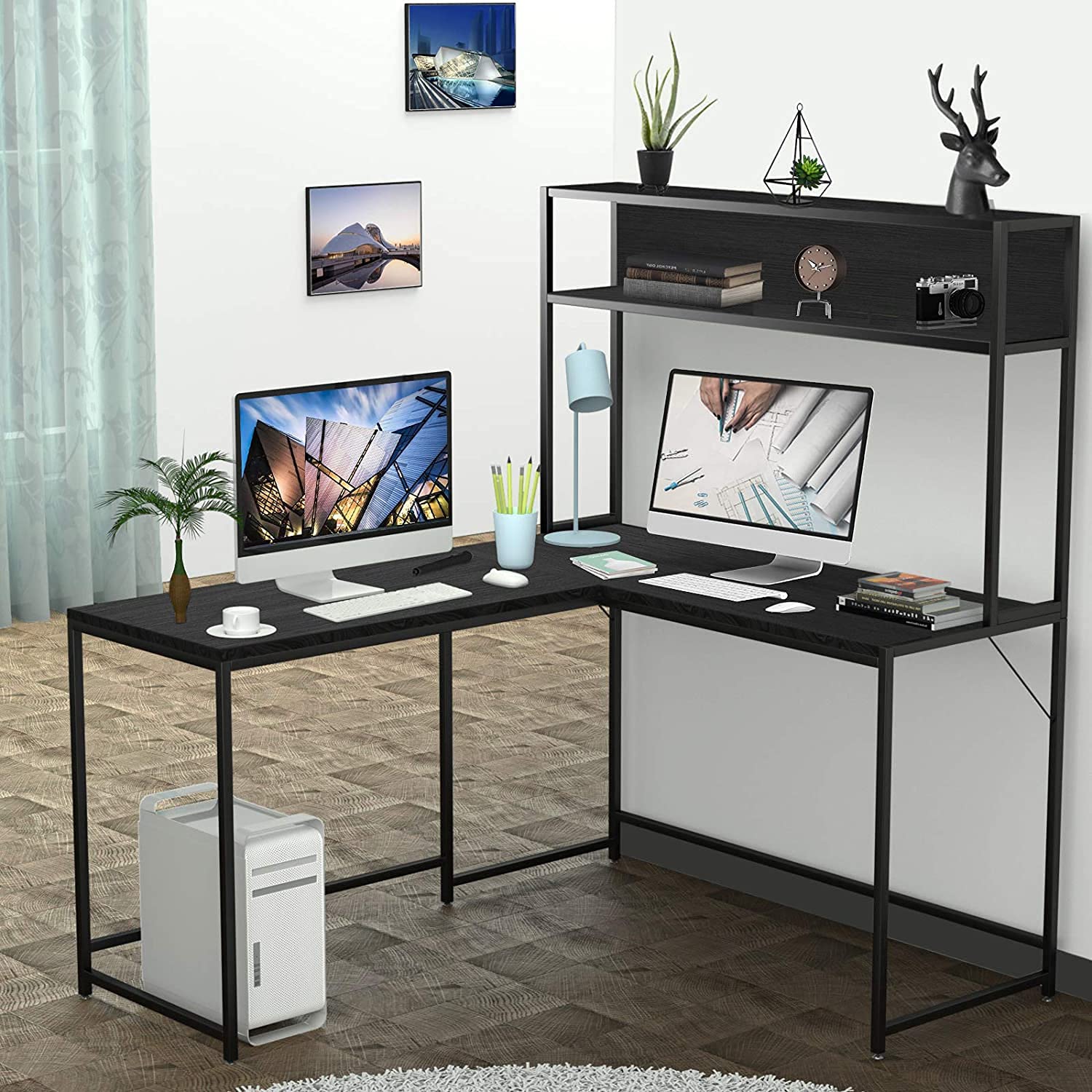 Desk Setup Dual Monitor - 55 Inch Black L-Shape Corner Workstation