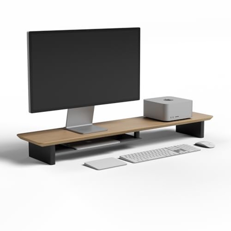 Desk Setup Dual Monitor - White Oak Dual-Tier Ergonomic Desk Setup